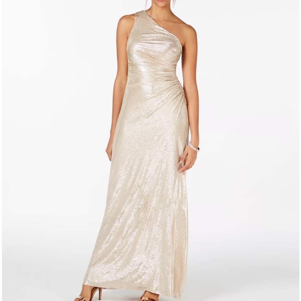Calvin  Klein One Shoulder metallic gold Gown